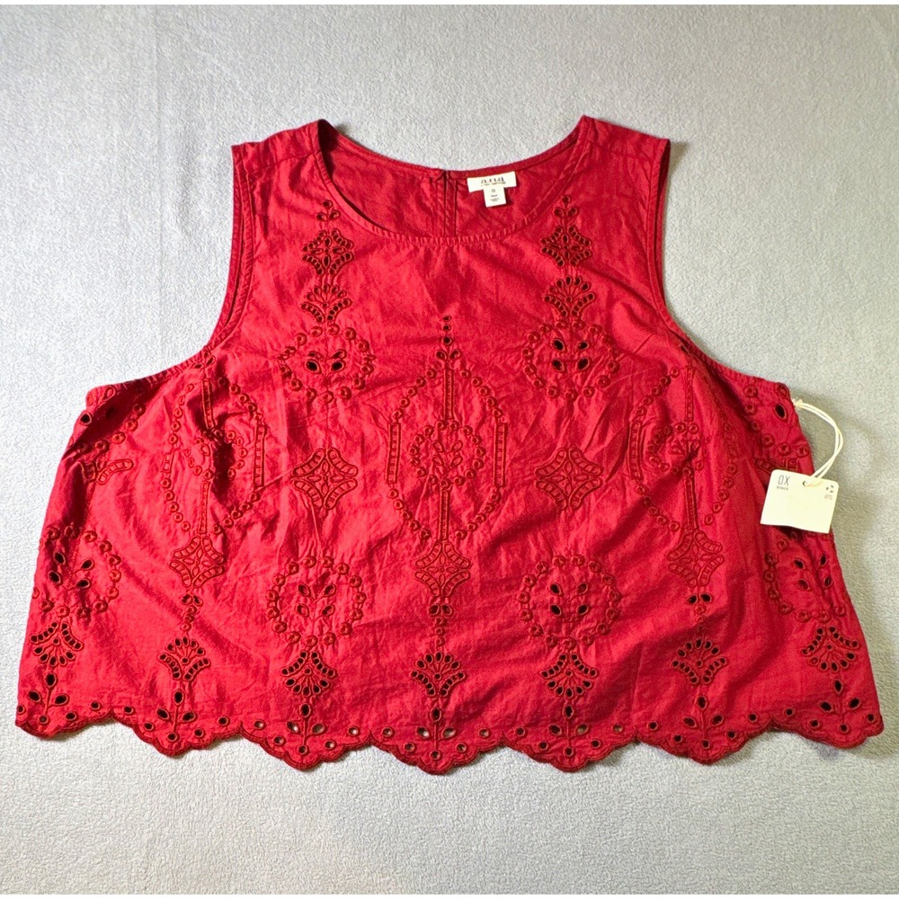 a.n.a Women's Plus 0X Red Scoop Neck Sleeveless Embroidered Tank Top